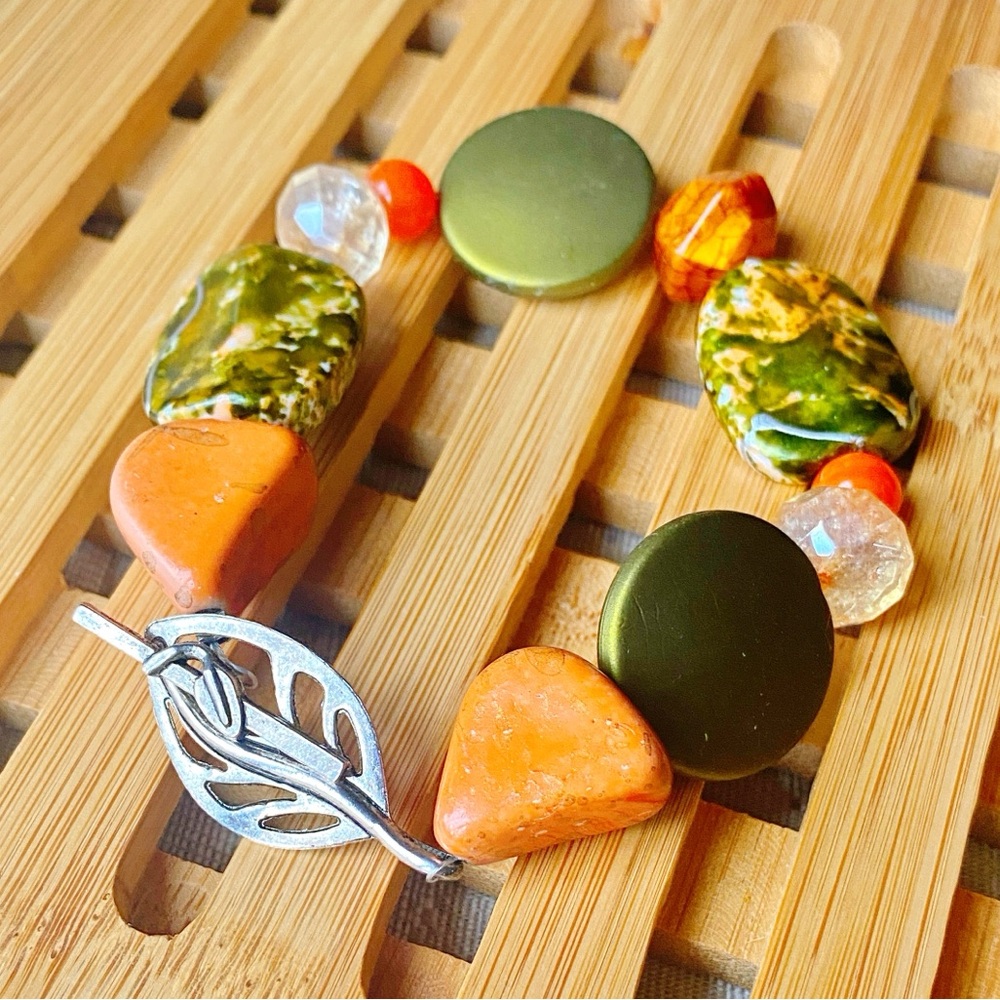 Boho Tropical Green Orange Beaded Bracelet Silver Leaf Toggle Handmade 8-8.5”
